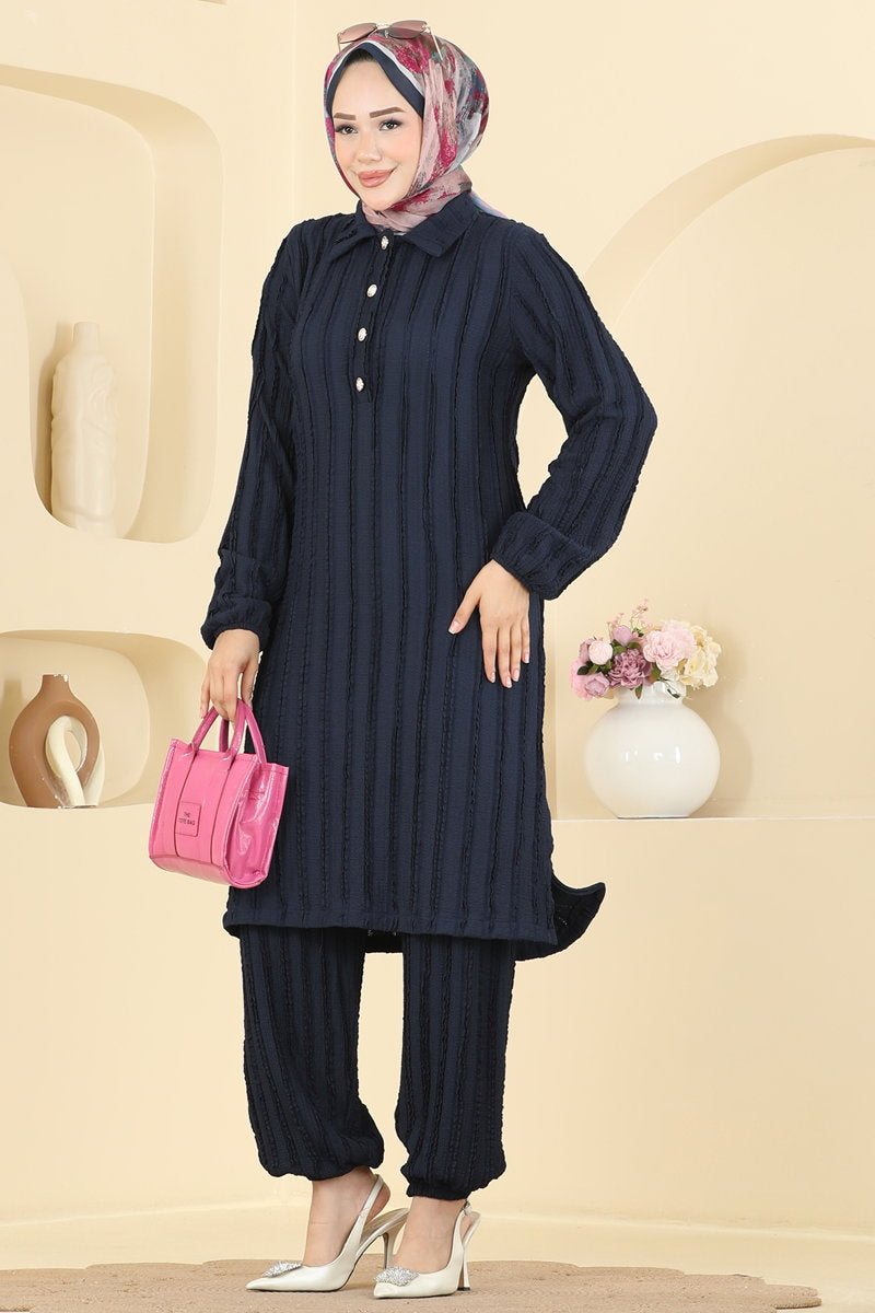 Half-Button Amazon Knit Two-Piece Set - Navy