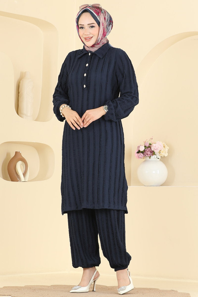 Half-Button Amazon Knit Two-Piece Set - Navy