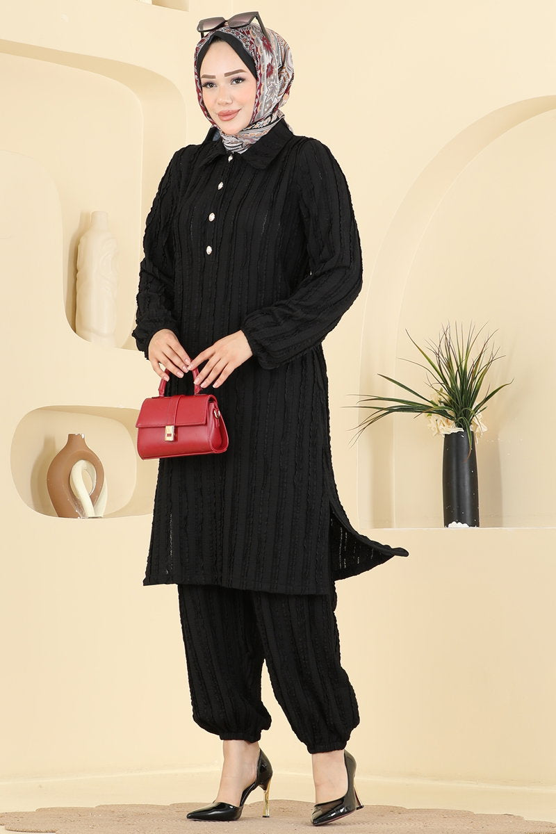 Half-Button Amazon Knit Two-Piece Set - Black