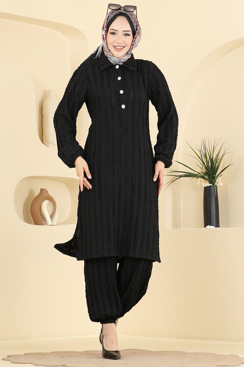 Half-Button Amazon Knit Two-Piece Set - Black