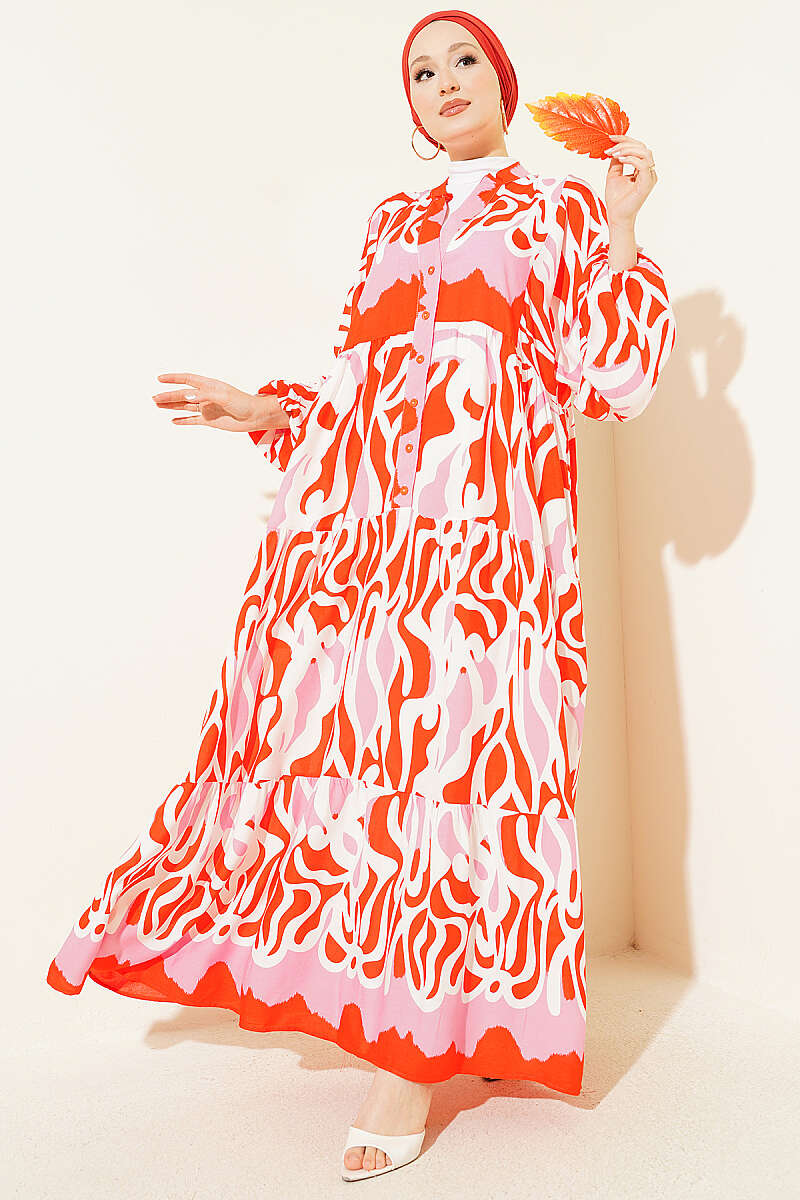 Half-Button Asymmetric Patterned Dress - Crimson