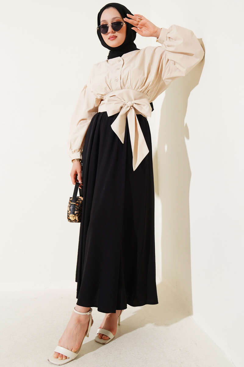 Short Half-Button Tie Shirt - Beige