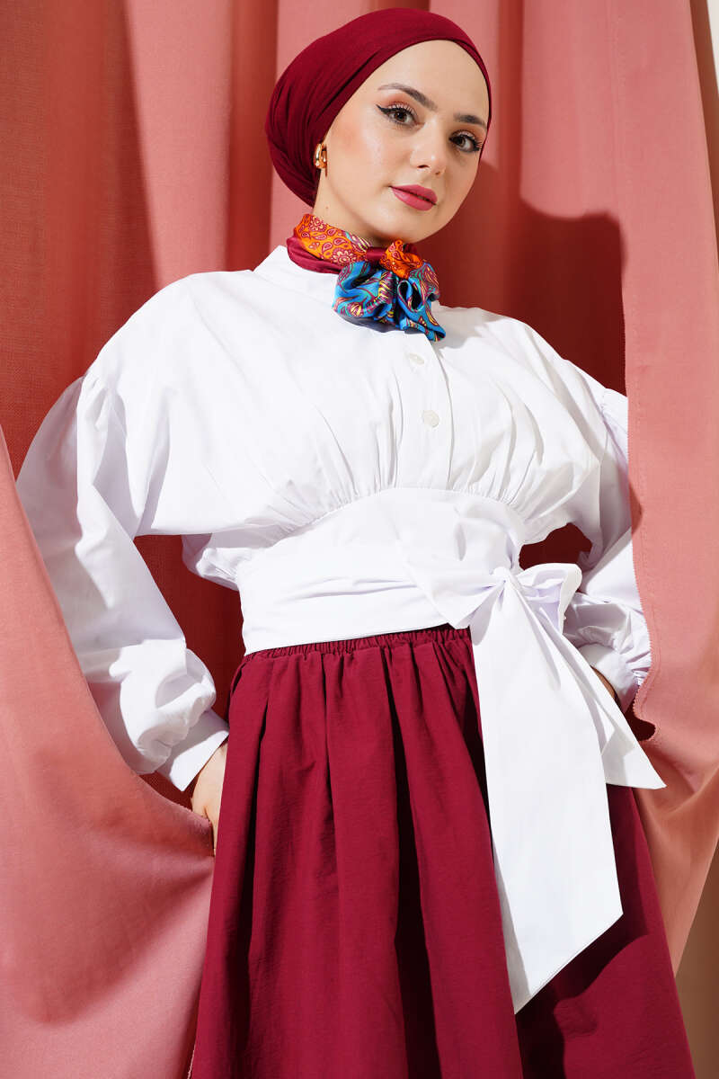 Short Half-Button Tie Shirt - White