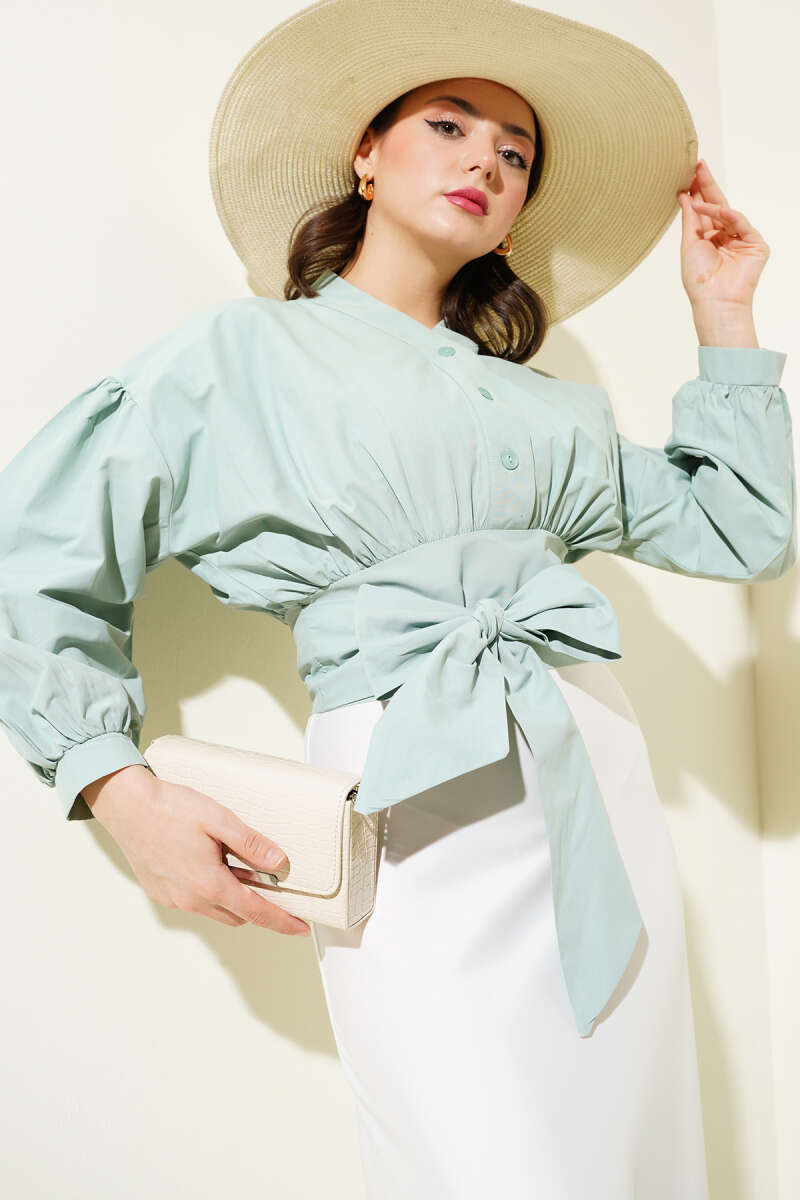 Short Half-Button Tie Shirt - Mint