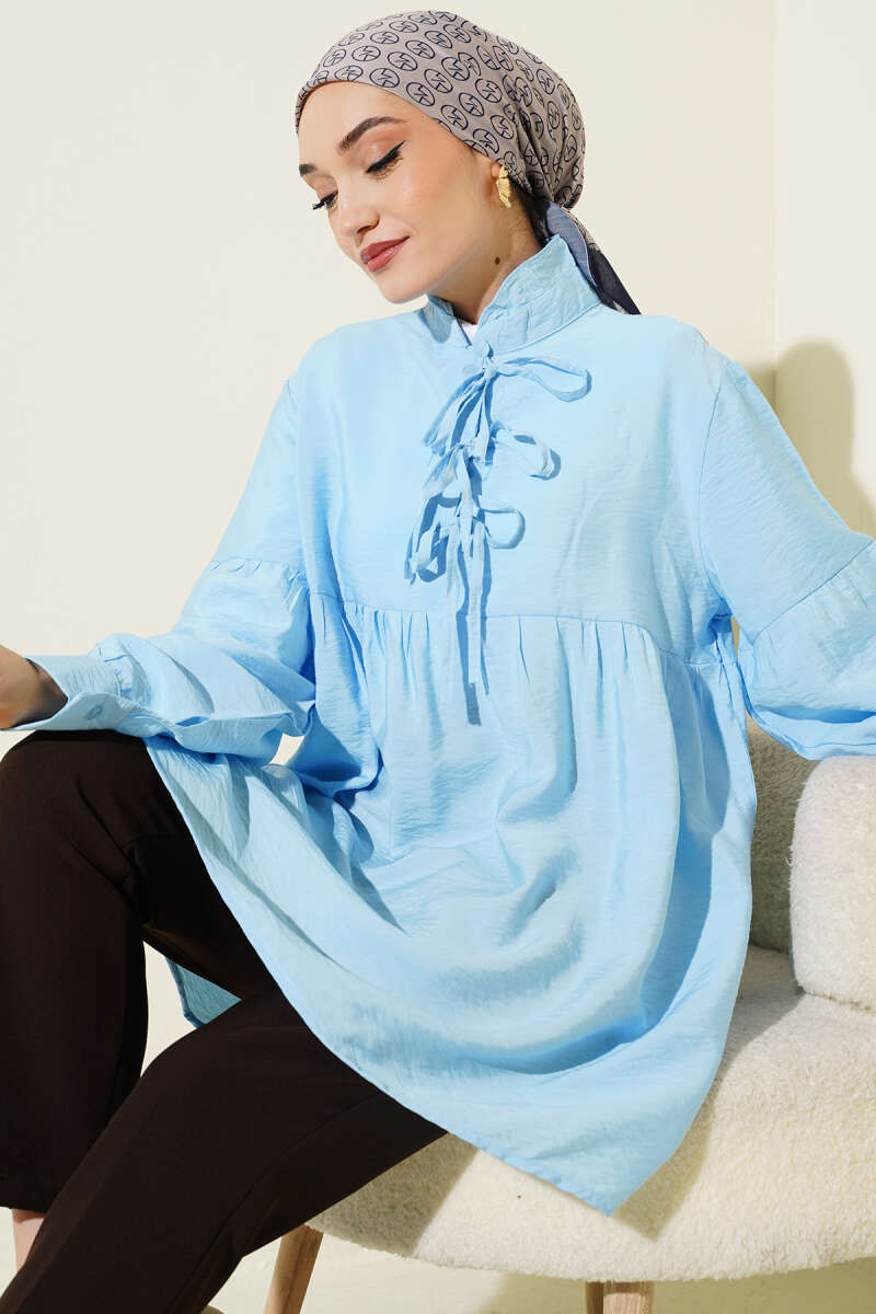 Half-Button Tie Tunic - Blue