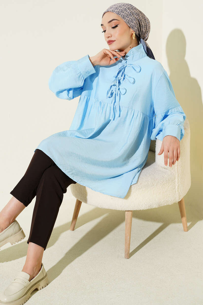 Half-Button Tie Tunic - Blue