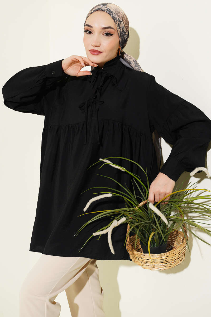 Half-Button Tie Tunic - Black