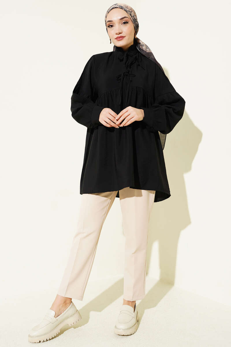 Half-Button Tie Tunic - Black