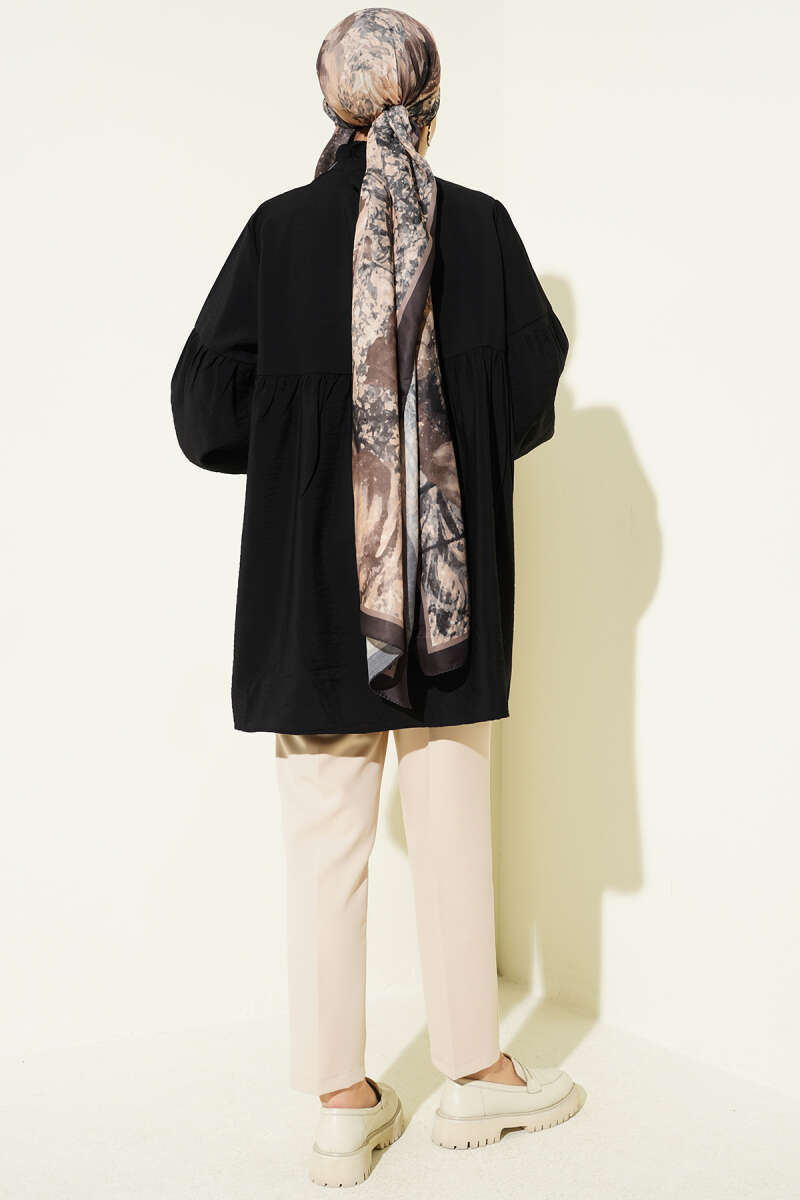 Half-Button Tie Tunic - Black