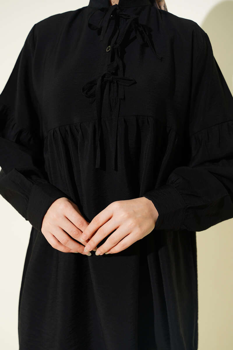 Half-Button Tie Tunic - Black