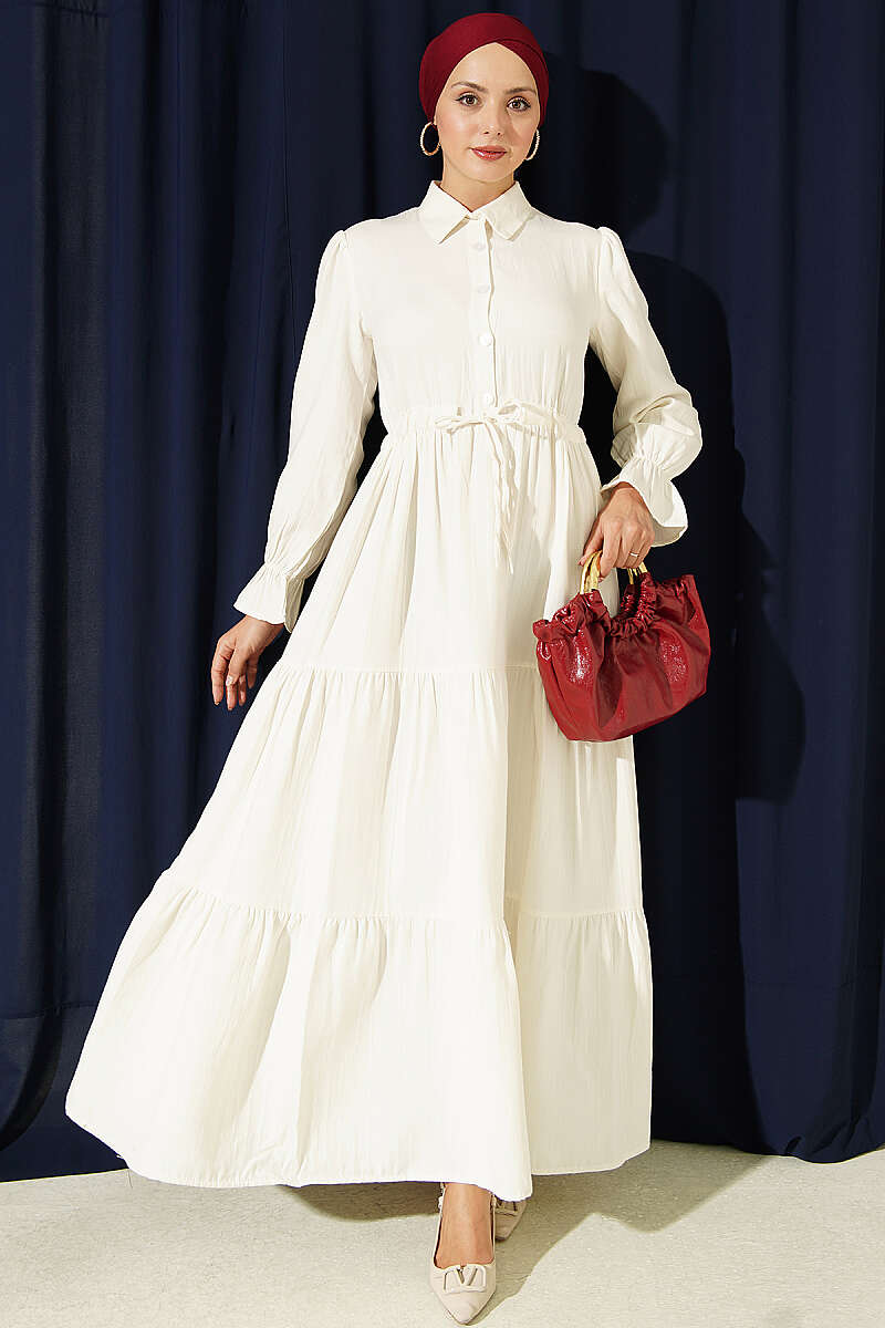 Half-Button Dress with Drawstring Waist - Ecru
