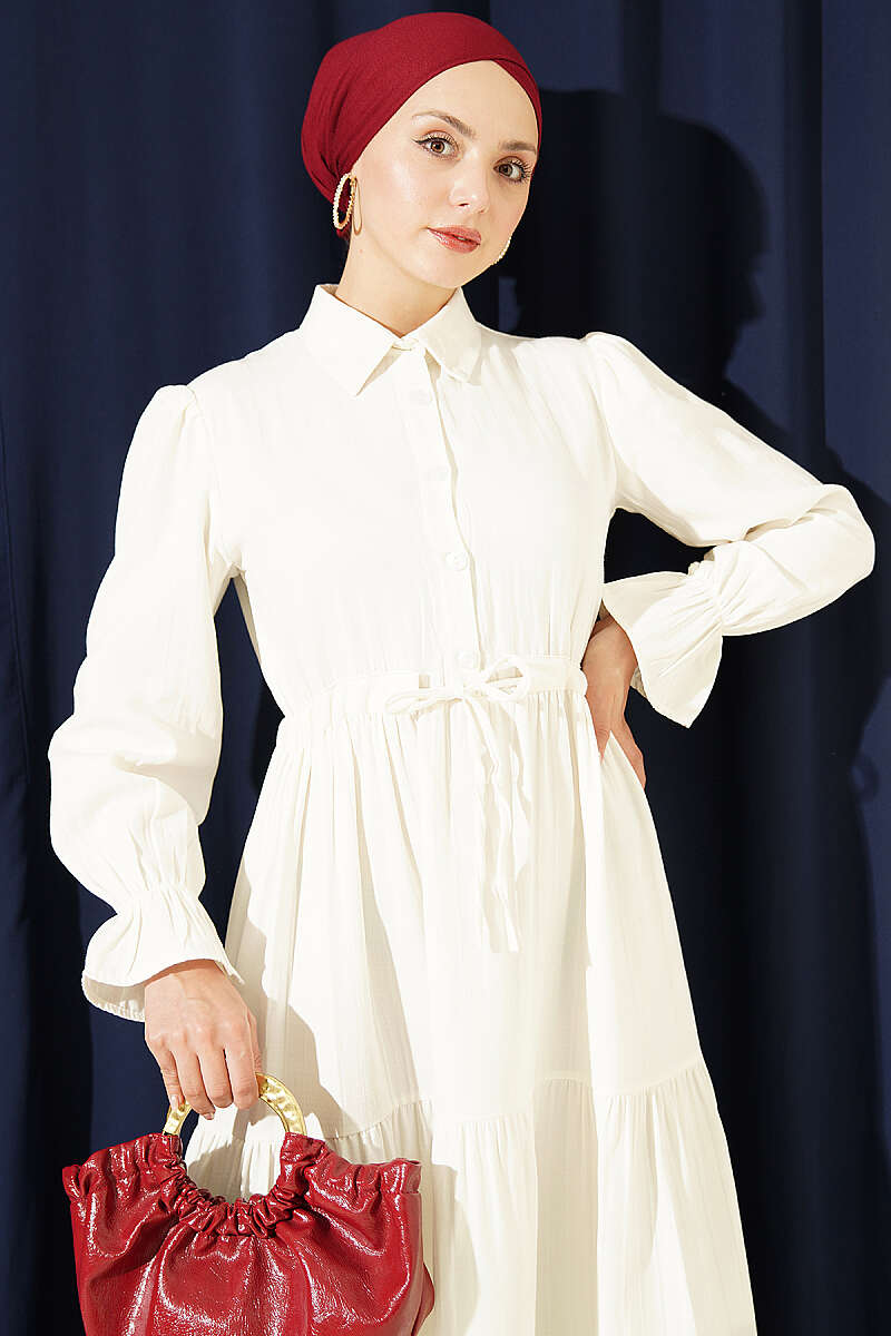 Half-Button Dress with Drawstring Waist - Ecru