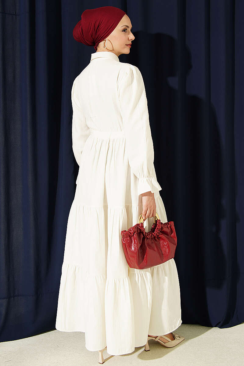 Half-Button Dress with Drawstring Waist - Ecru
