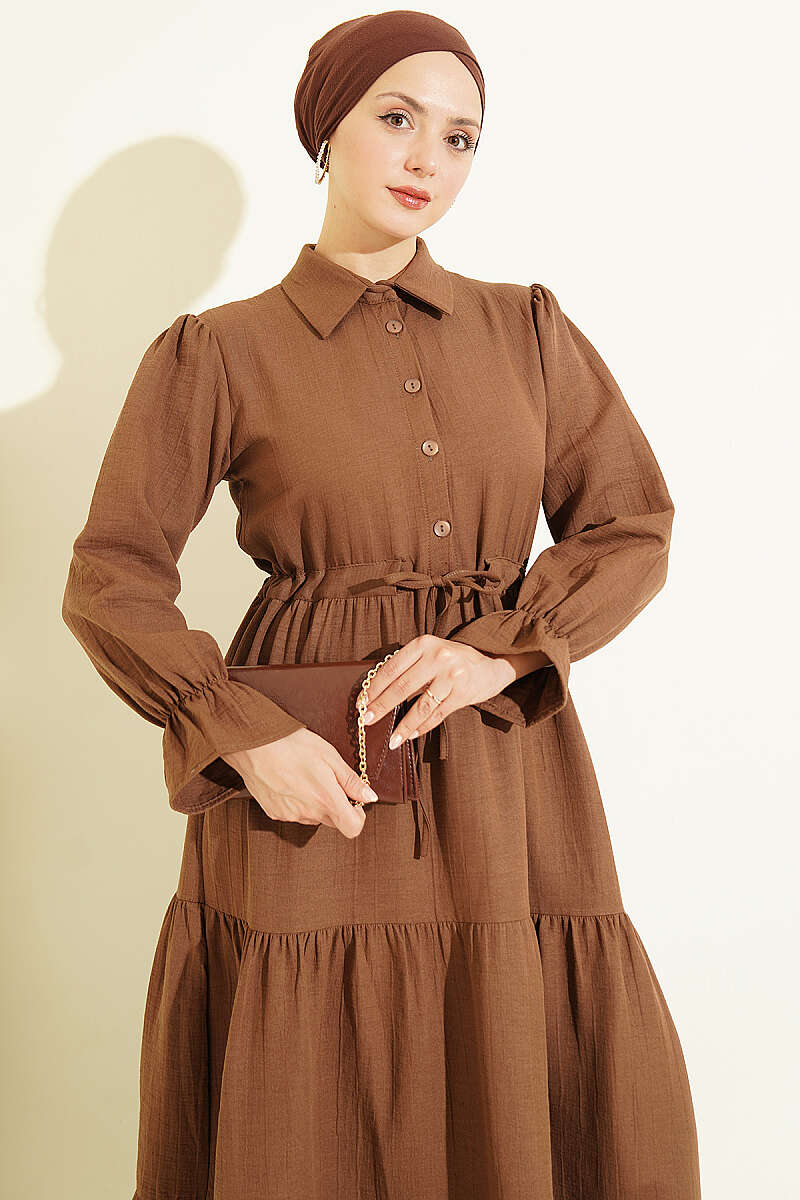 Half-Button Dress with Drawstring Waist - Brown