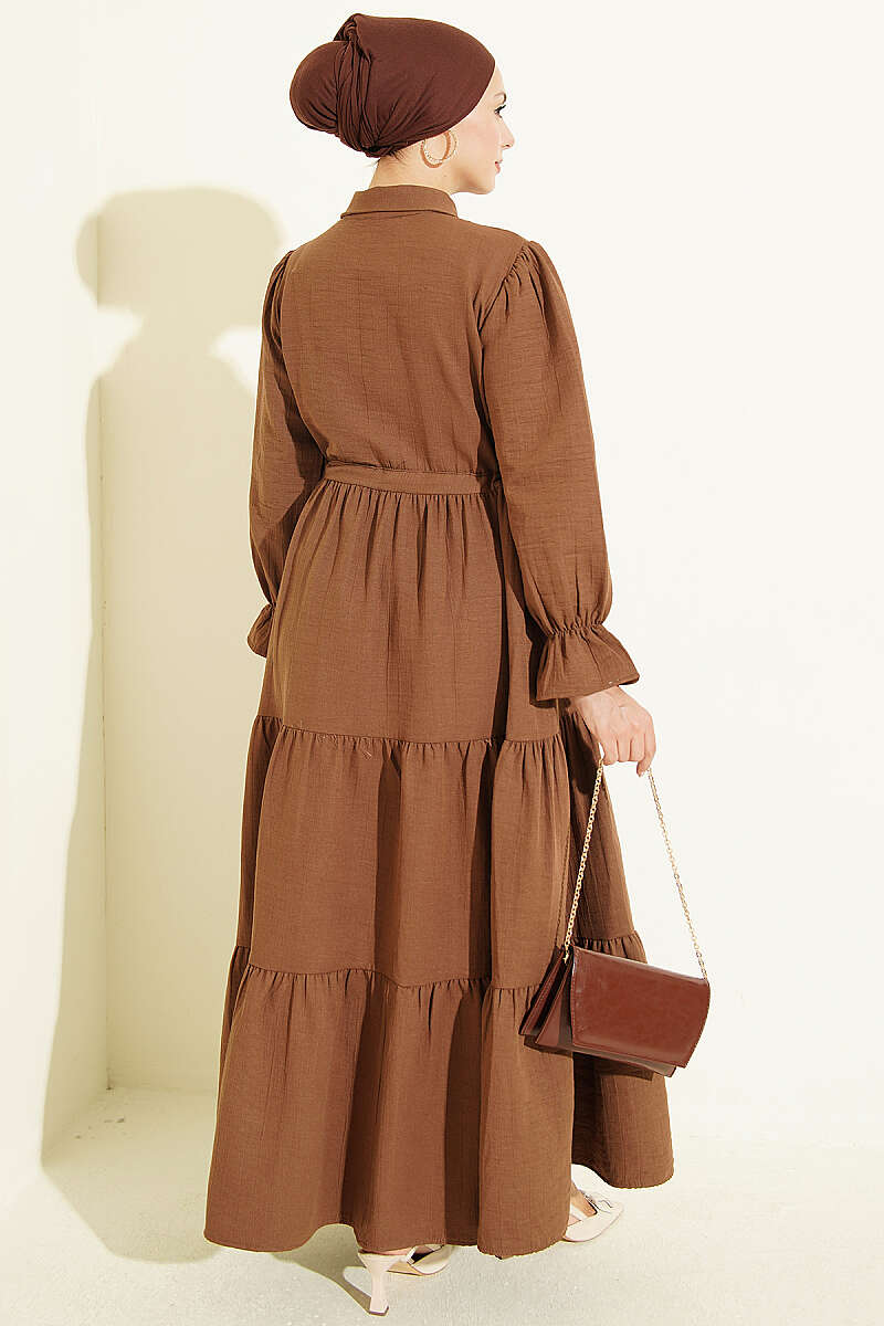 Half-Button Dress with Drawstring Waist - Brown
