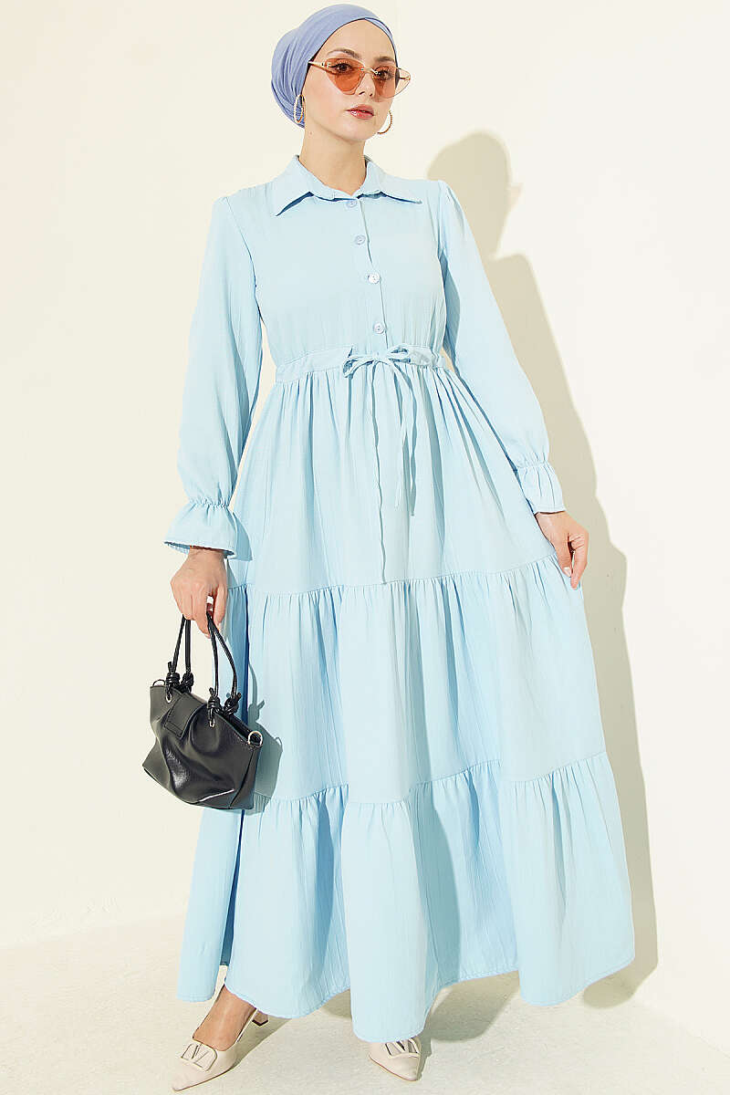 Half-Button Dress with Drawstring Waist - Blue