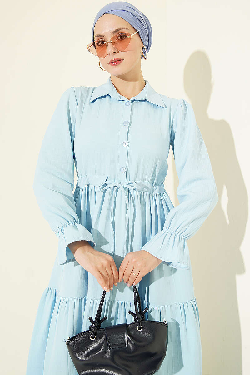 Half-Button Dress with Drawstring Waist - Blue