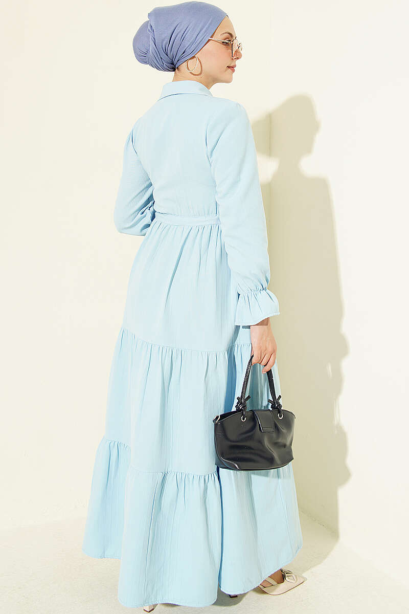 Half-Button Dress with Drawstring Waist - Blue