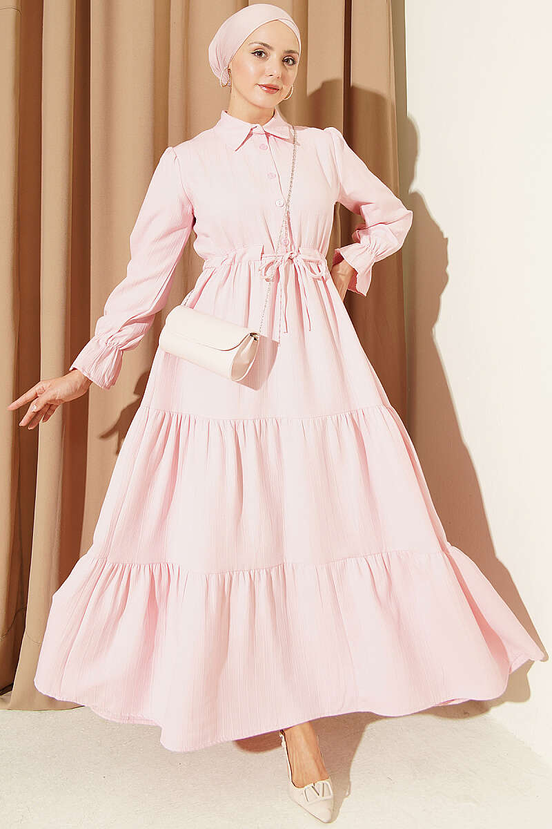 Half-Button Dress with Drawstring Waist - Pink