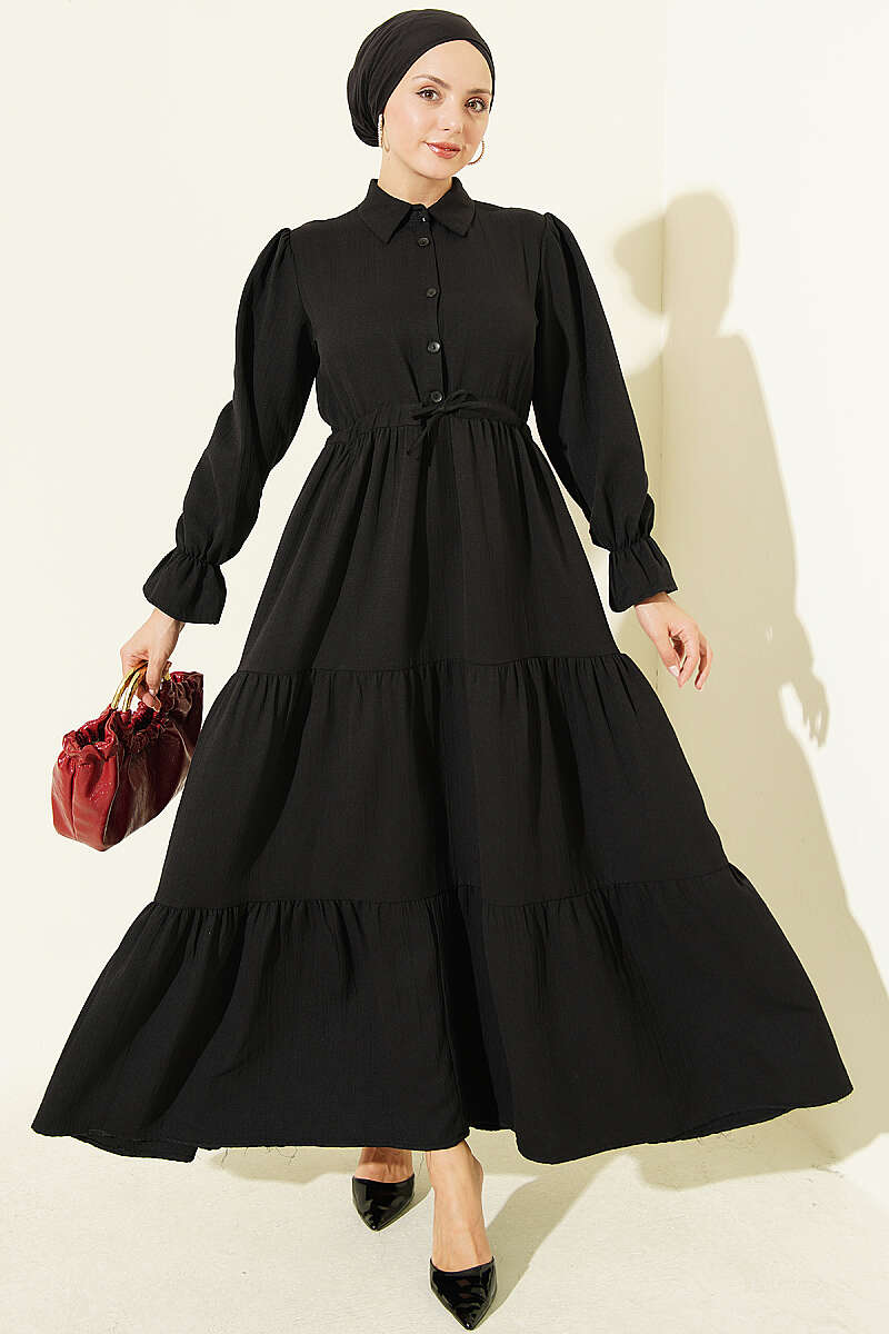 Half-Button Dress with Drawstring Waist - Black