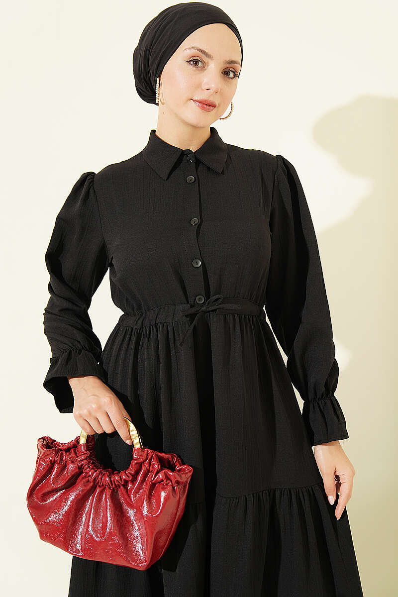 Half-Button Dress with Drawstring Waist - Black