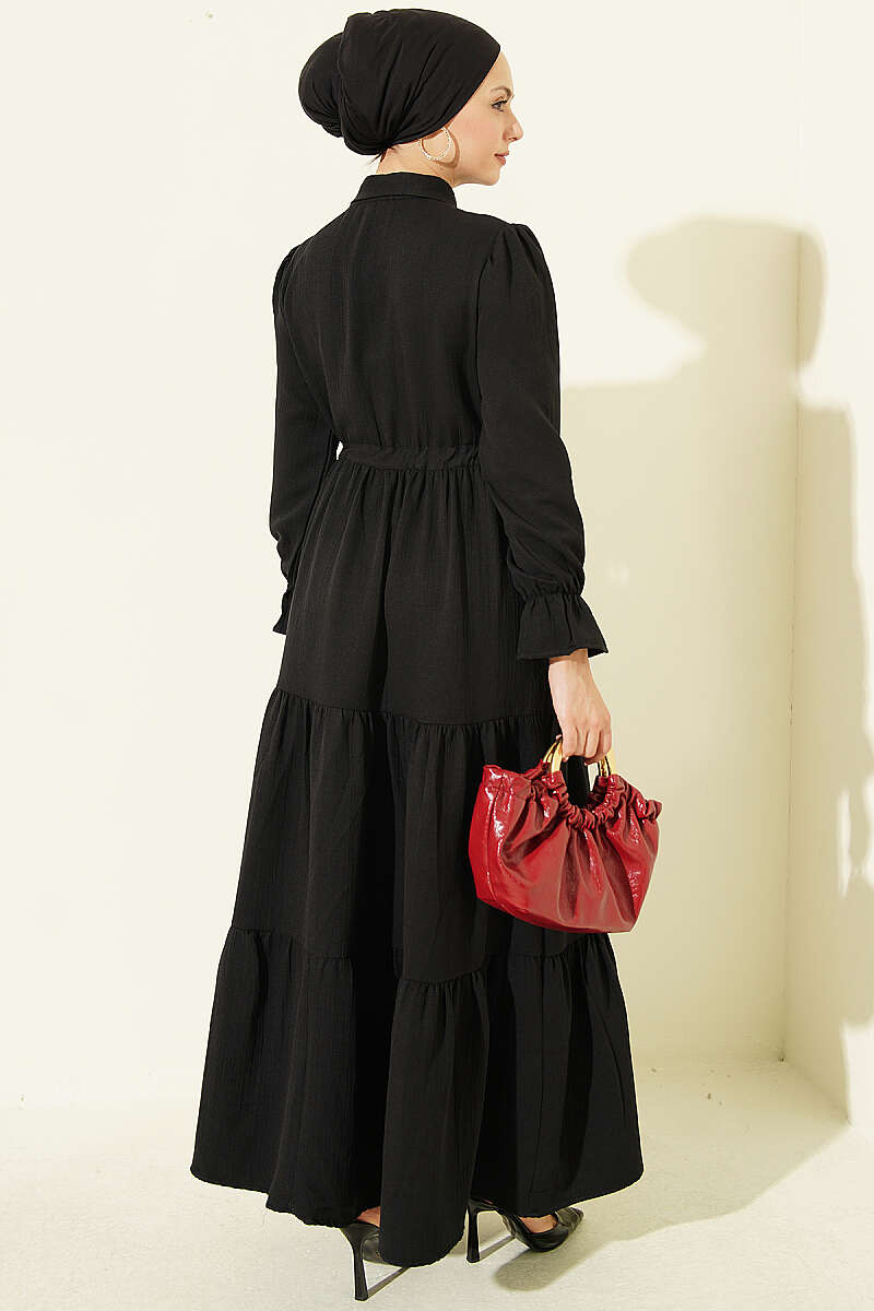 Half-Button Dress with Drawstring Waist - Black