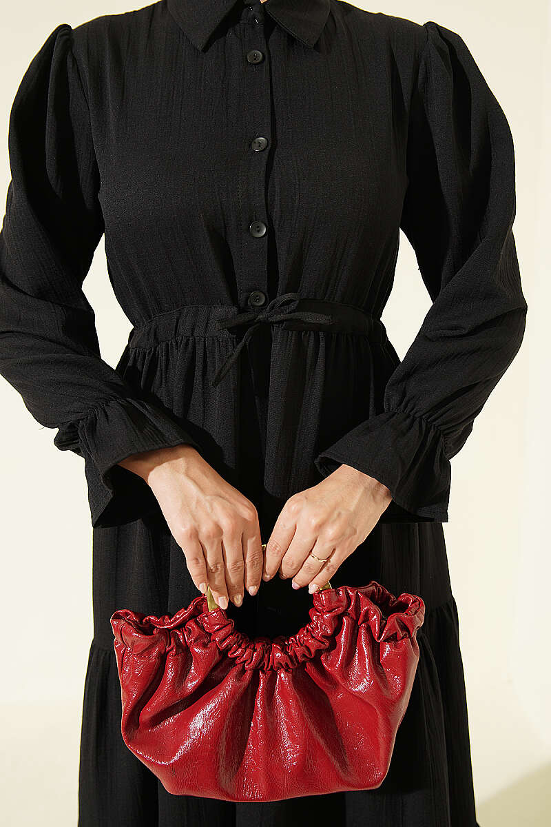 Half-Button Dress with Drawstring Waist - Black
