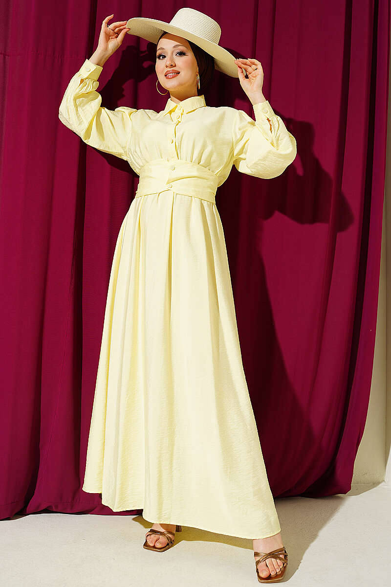 Half-Button Dress with Waist Sash - Yellow