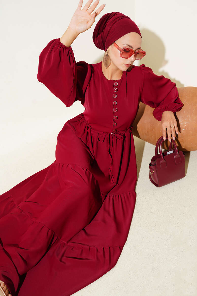 Half-Button Dress with Drawstring Waist - Burgundy