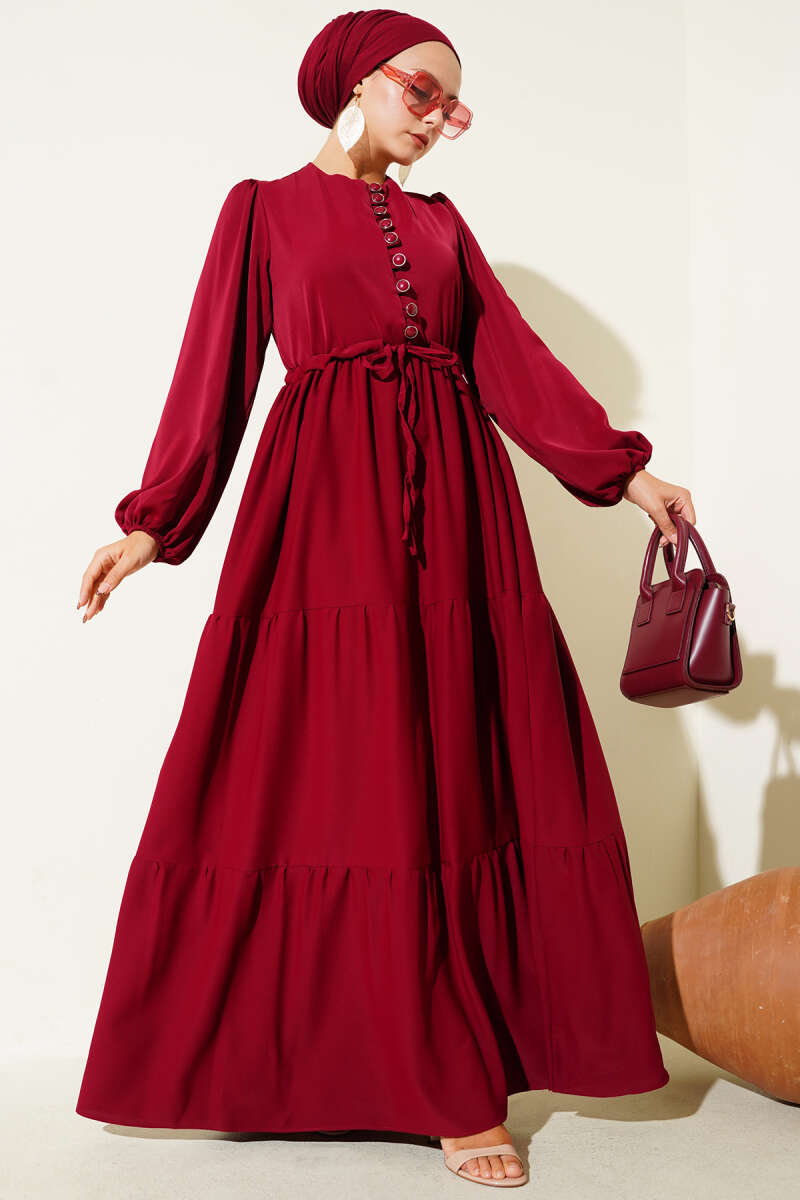Half-Button Dress with Drawstring Waist - Burgundy