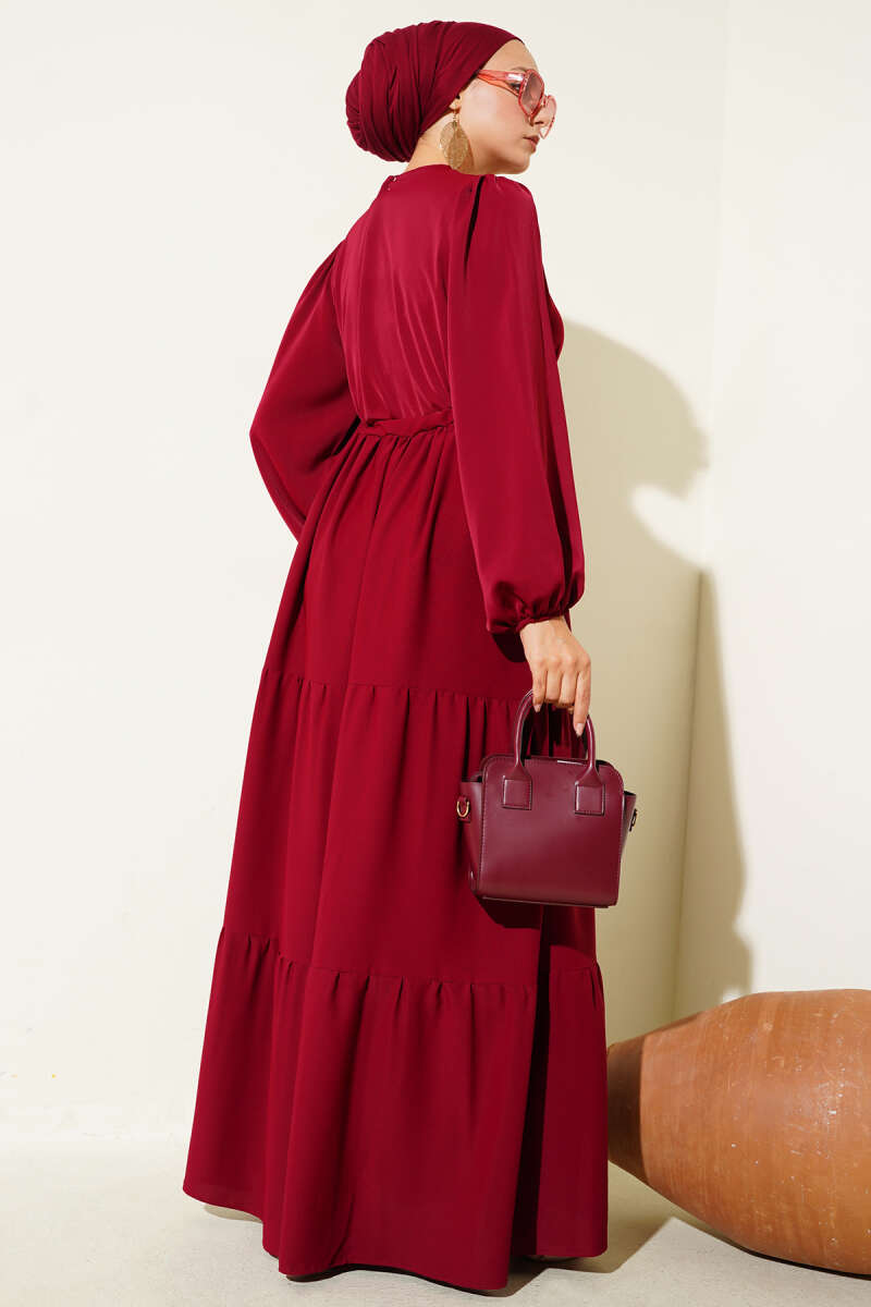 Half-Button Dress with Drawstring Waist - Burgundy