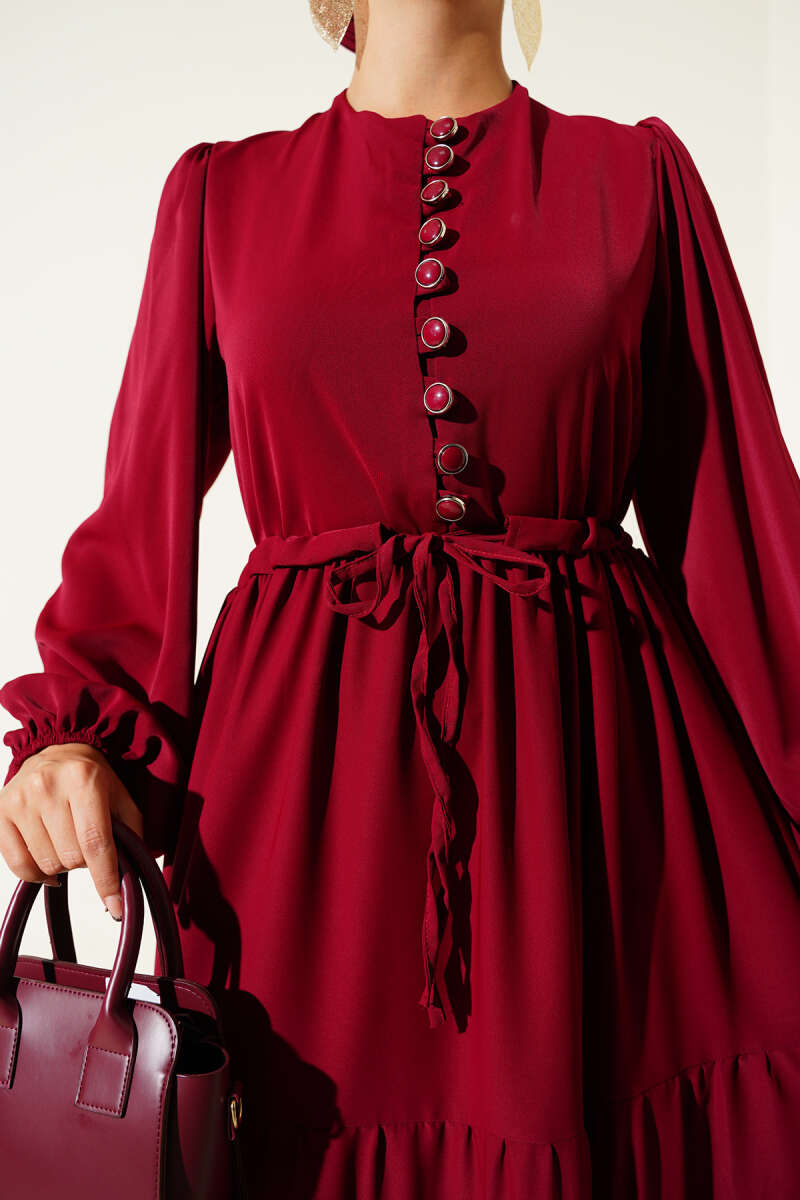 Half-Button Dress with Drawstring Waist - Burgundy