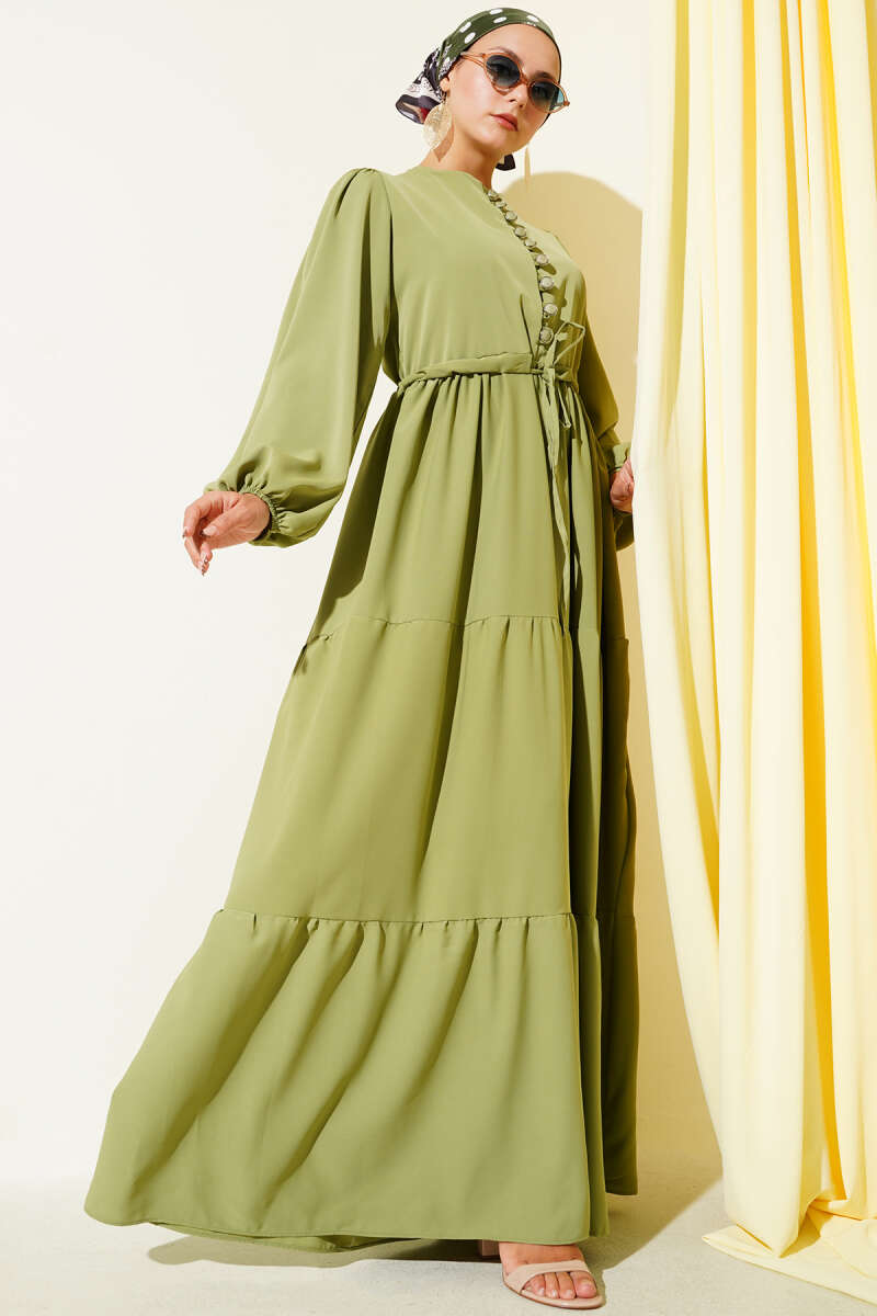 Half-Button Dress with Drawstring Waist - Khaki