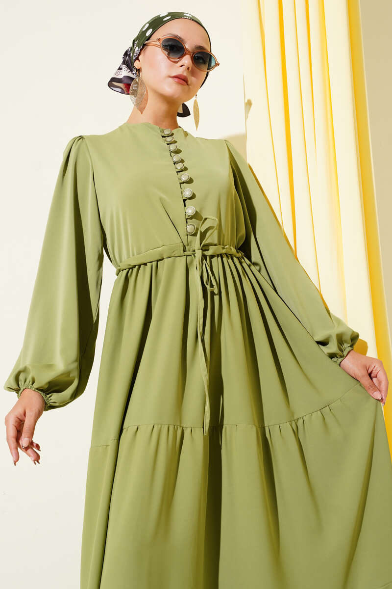 Half-Button Dress with Drawstring Waist - Khaki