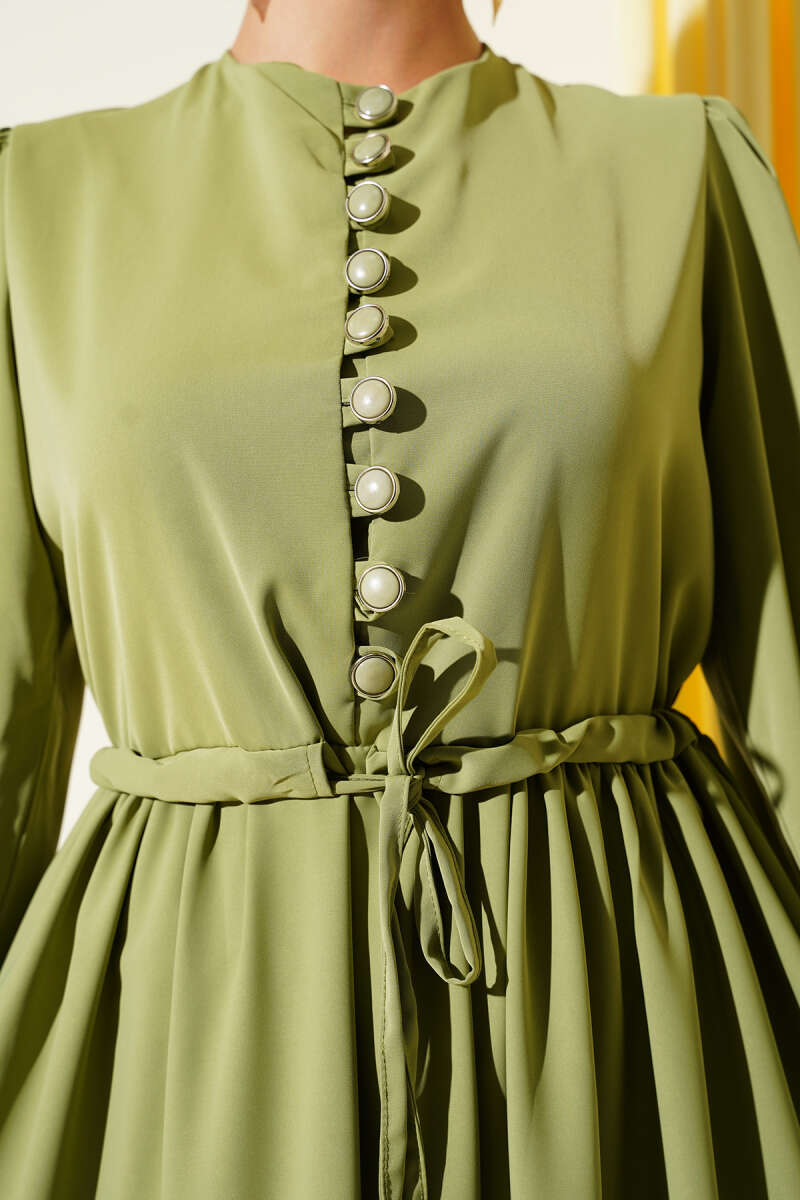Half-Button Dress with Drawstring Waist - Khaki