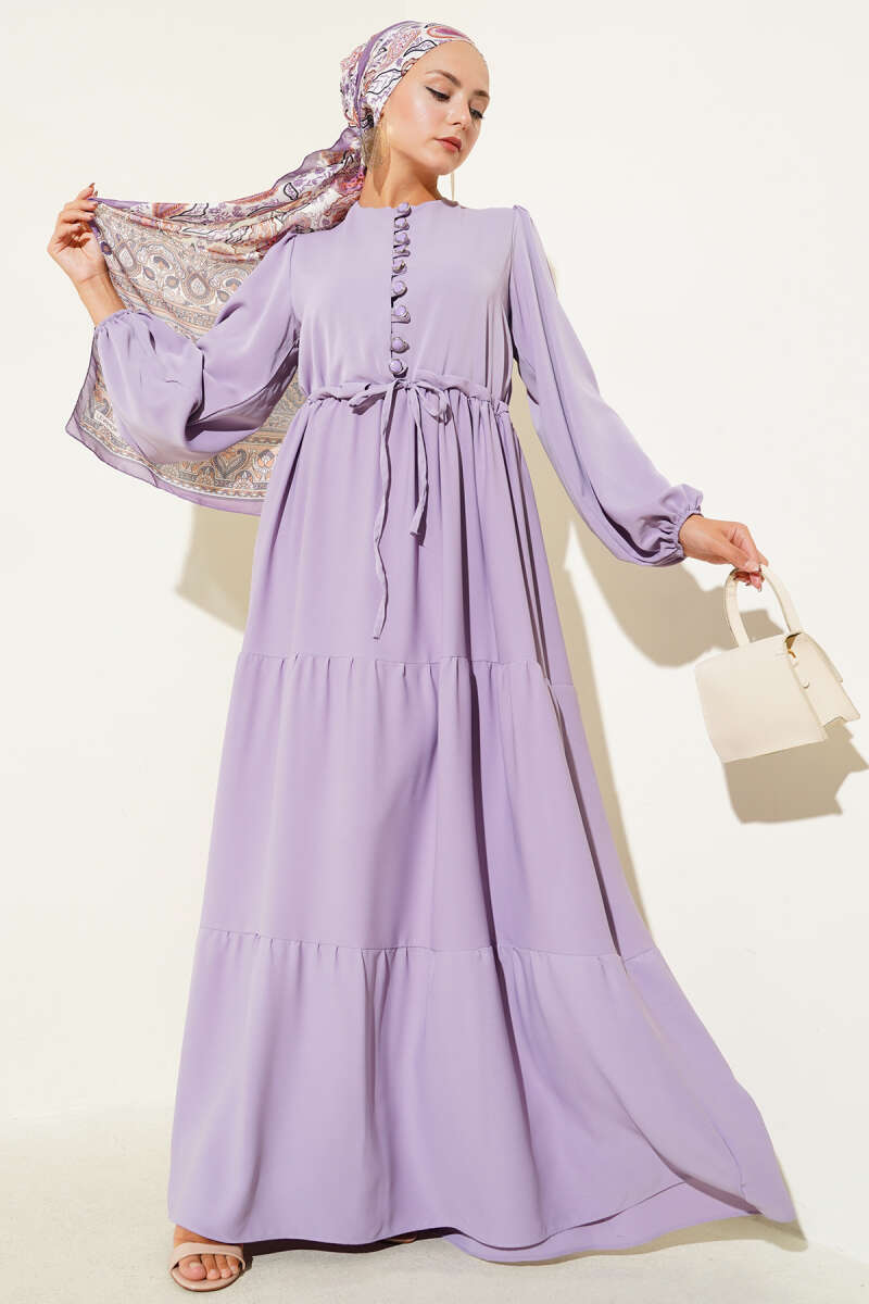 Half-Button Dress with Drawstring Waist - Lilac