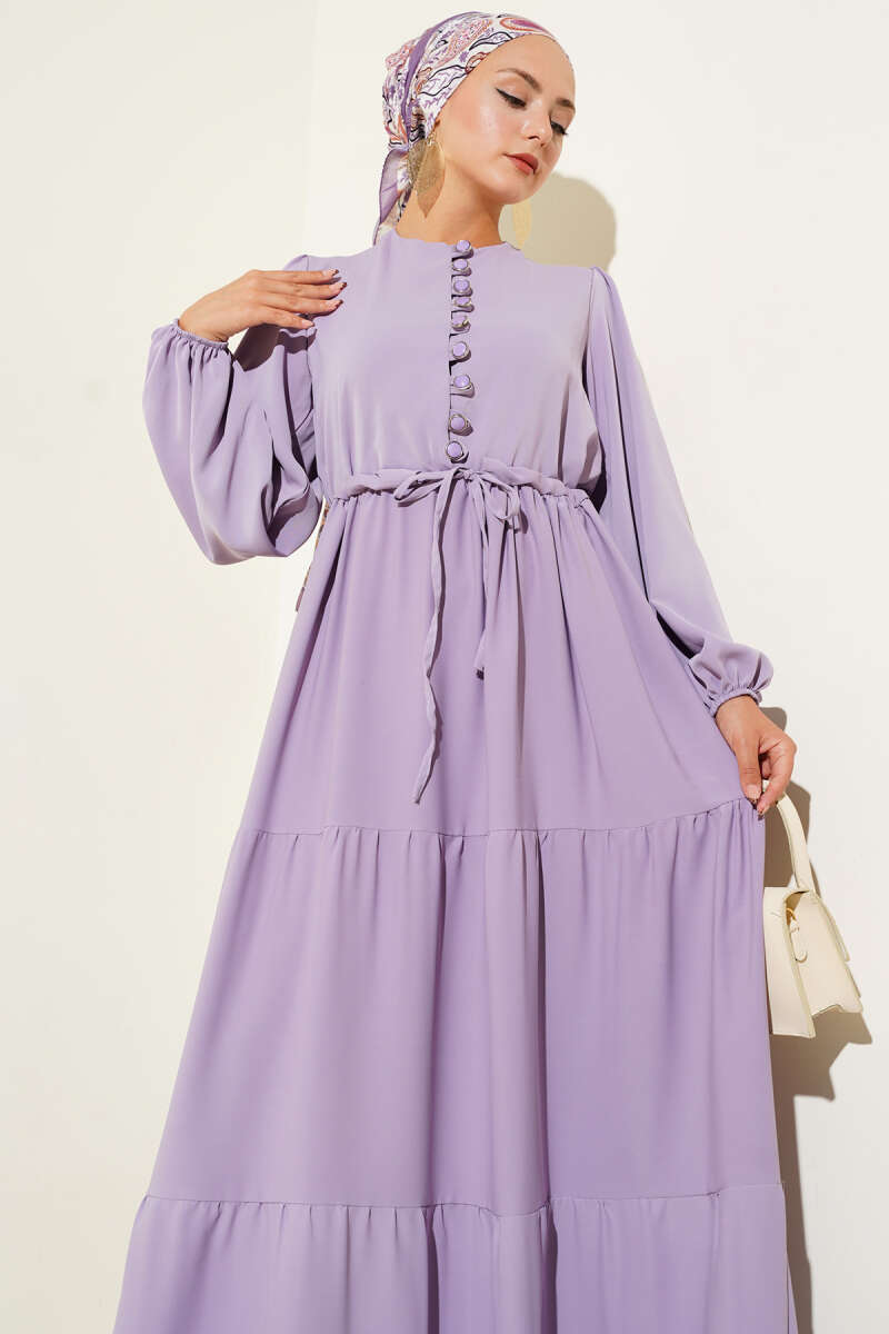 Half-Button Dress with Drawstring Waist - Lilac