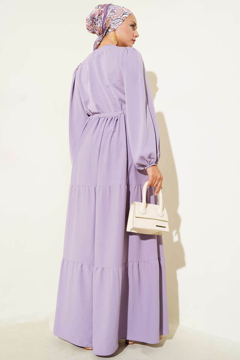 Half-Button Dress with Drawstring Waist - Lilac