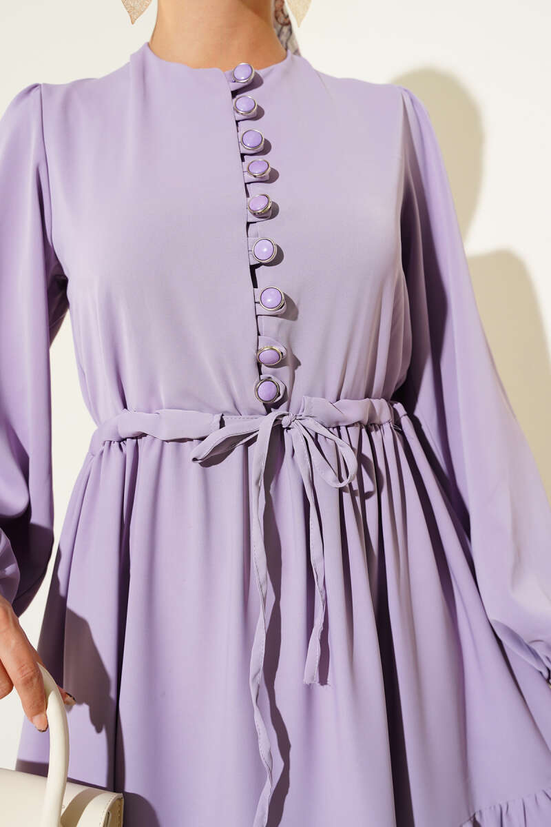 Half-Button Dress with Drawstring Waist - Lilac