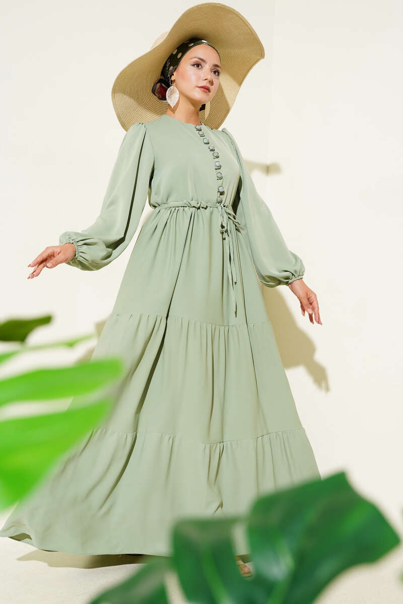 Half-Button Dress with Drawstring Waist - Mint