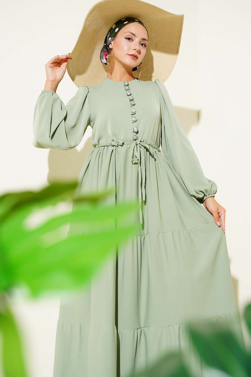 Half-Button Dress with Drawstring Waist - Mint