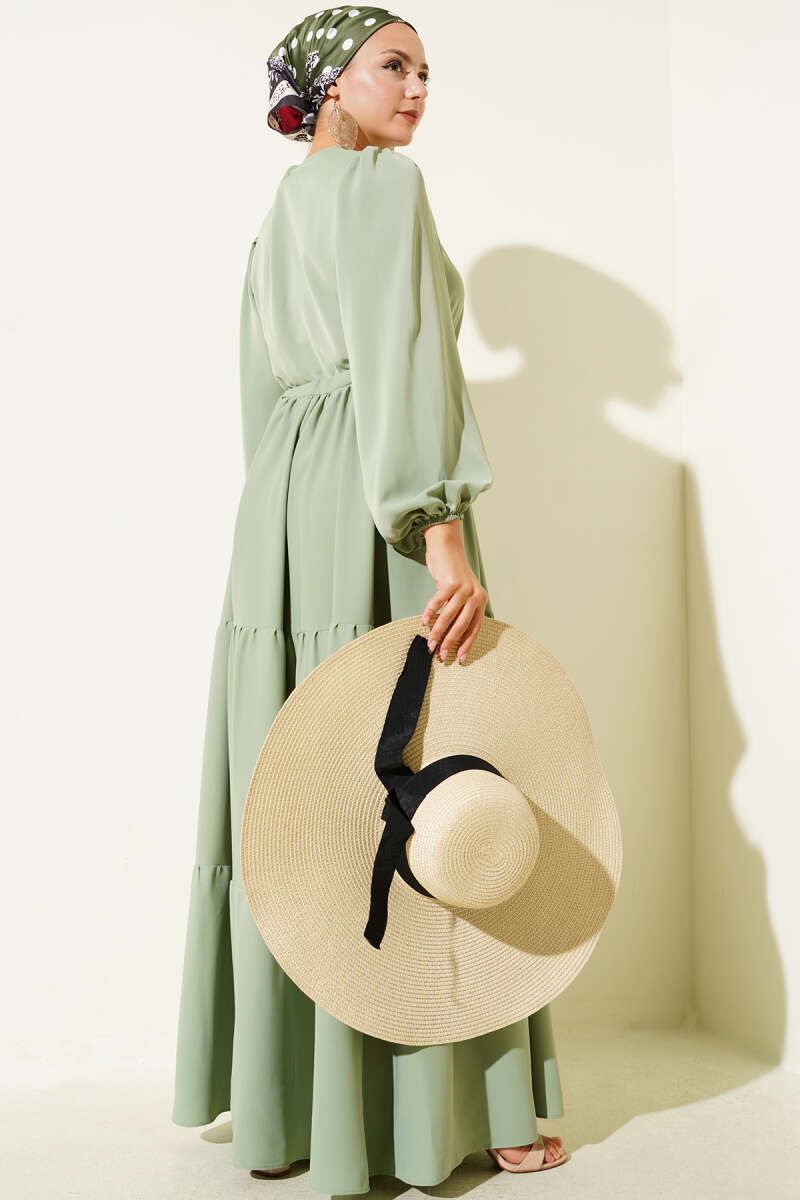 Half-Button Dress with Drawstring Waist - Mint