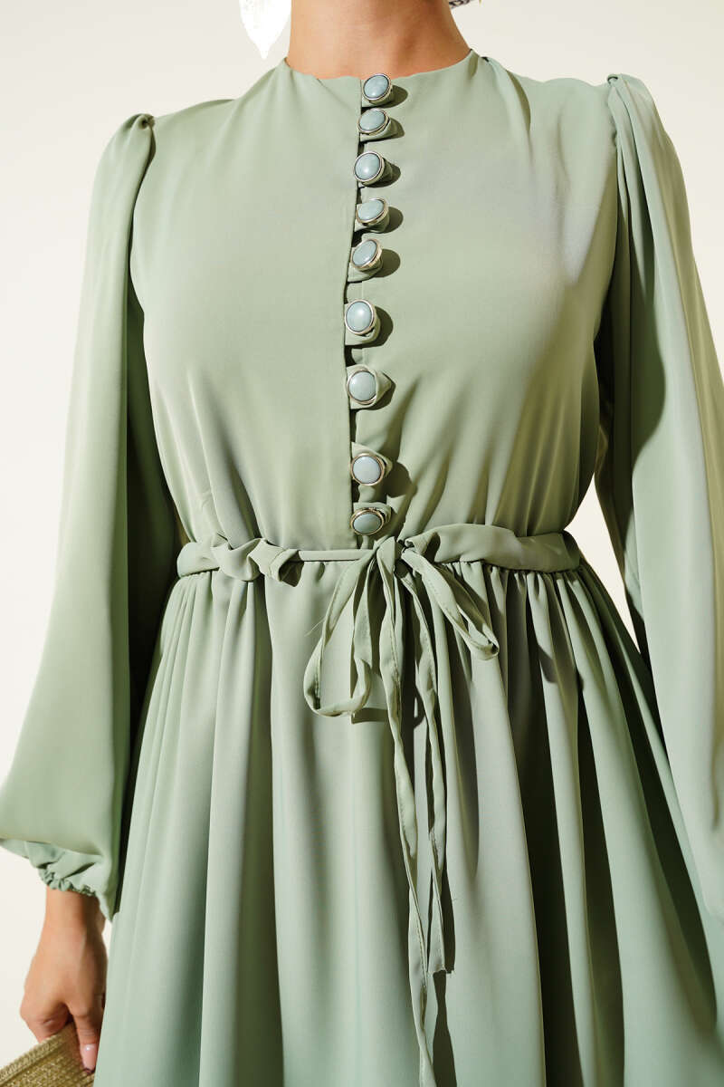 Half-Button Dress with Drawstring Waist - Mint