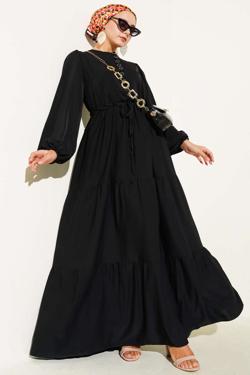 Half-Button Dress with Drawstring Waist - Black