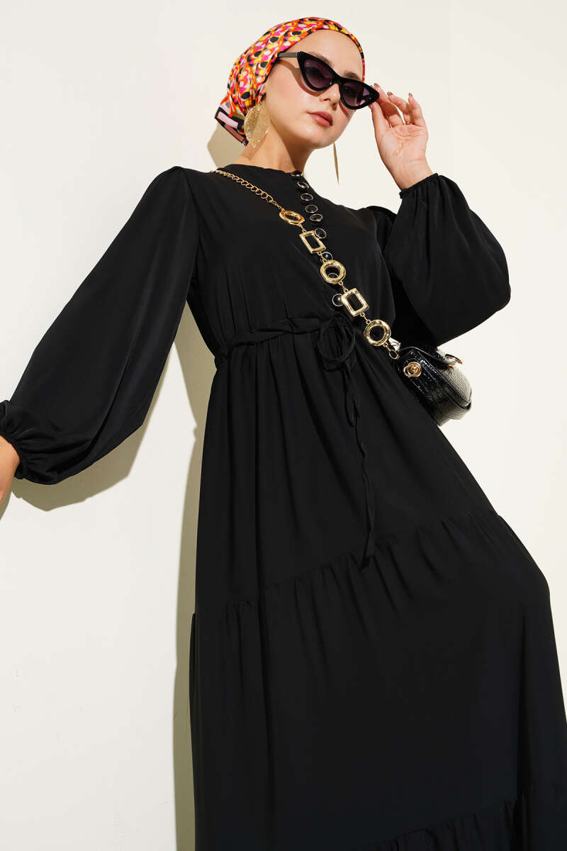Half-Button Dress with Drawstring Waist - Black