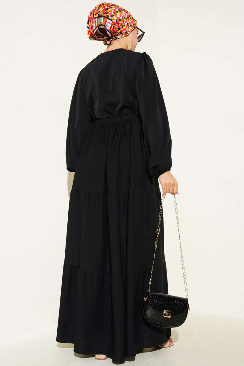 Half-Button Dress with Drawstring Waist - Black