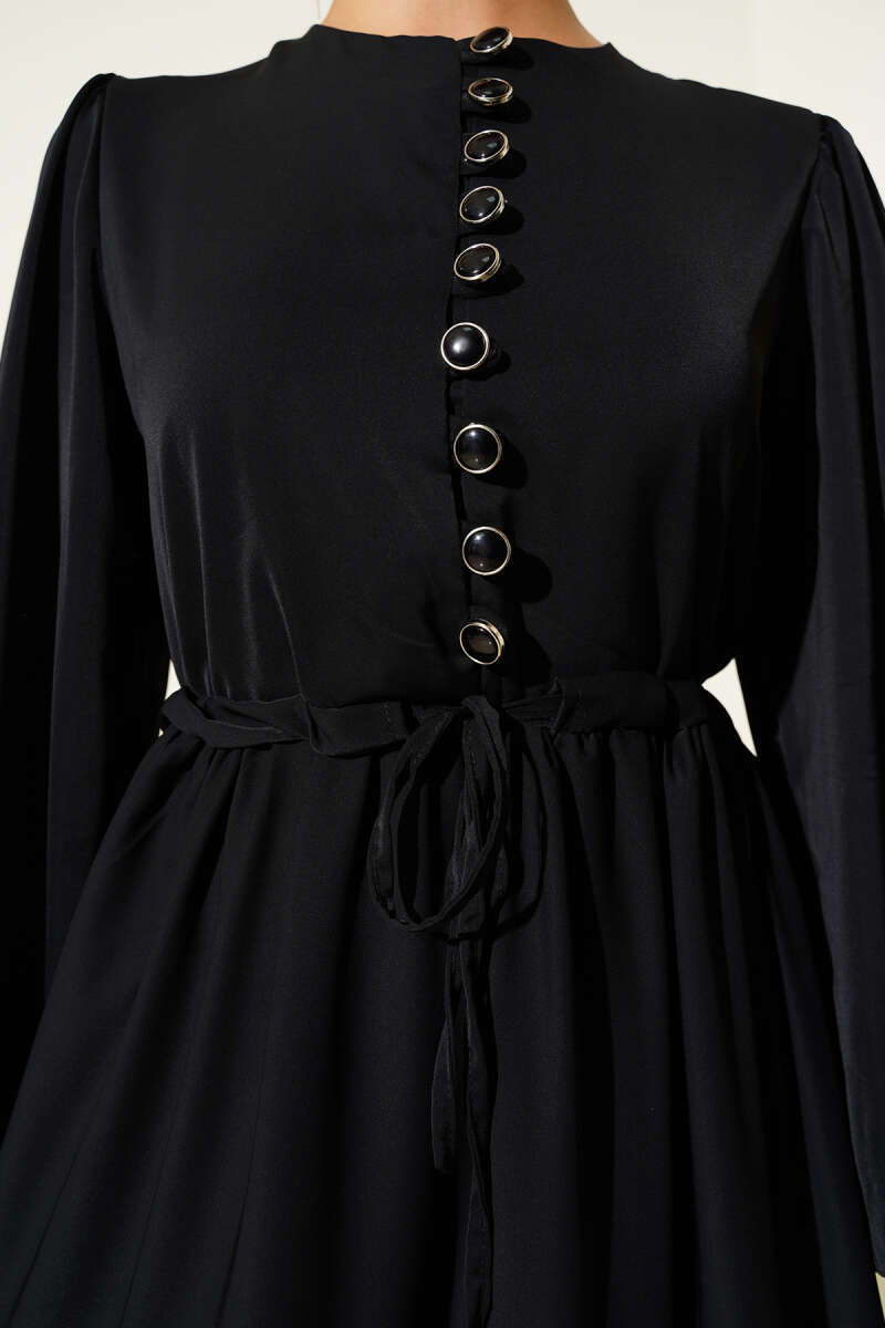 Half-Button Dress with Drawstring Waist - Black