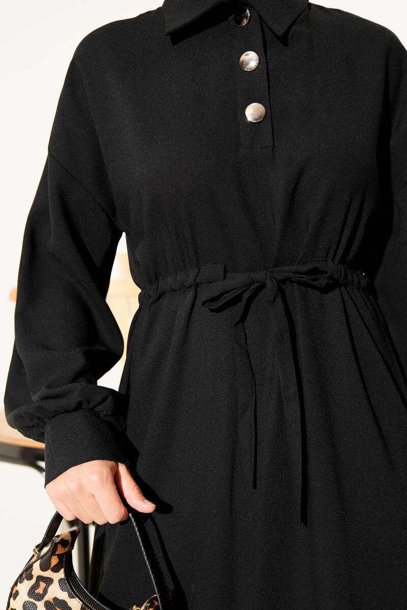 Half-Button Drawstring-Waist Dress - Black