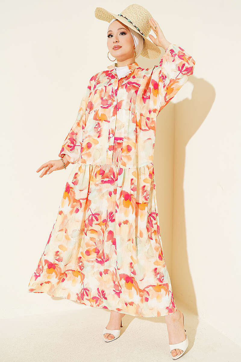 Half-Button Dress with Elastic Cuffs - Fuchsia