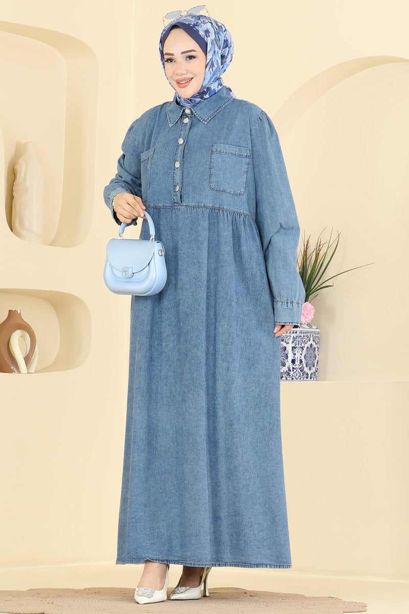 Half-Button Denim Dress with Pockets - Light Denim